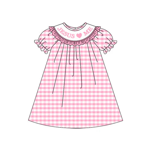 10.1 GSD2846 Baby Girls Pink Checked Jesus Love Me Knee Length Dresses Preorder