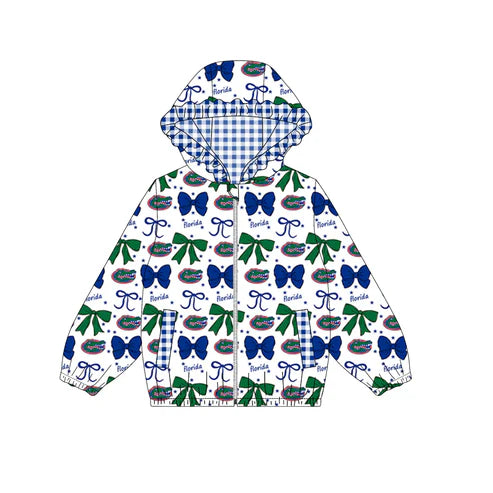 9.6 Custom Moq 5 Baby Girls Green Florida Bows Zip Ruffle Hooded Cardigan Jackets Tops