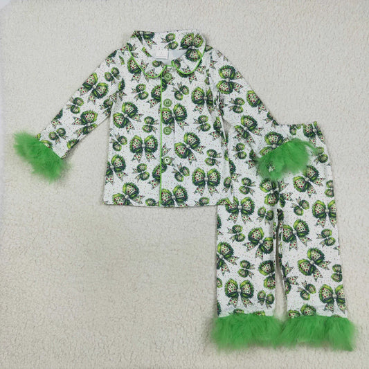 8.21 GLP2582 Baby Girls Fur Long Sleeves Polka Dots Bows Button Top Pant Pajamas Set