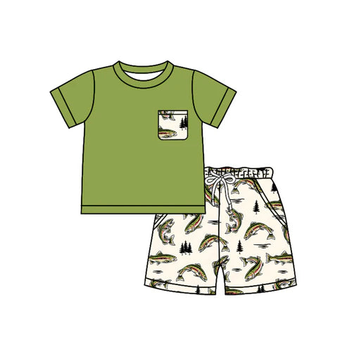 6.18BSSO 1529 Baby Boys Green Short Sleeves Pocket Top Fishes Short Hunting Set Preorder