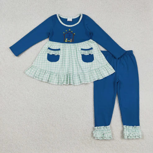 9.10 GLP2625 Embroidery Baby Girls Long Sleeves Nativity Pockets Tunic Ruffle Pants Christmas Set