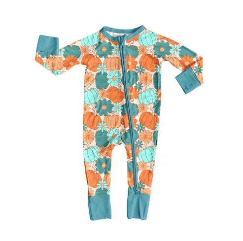 7.26 LR2461 Baby Boys Long Sleeves Colorful Pumpkins Flowers Zipper Pant Rompers Preorder