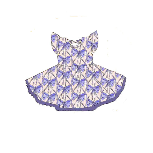 3.22  GSD2205 Baby Girls Flutter Sleeves Purple Bows Knee Length Dresses Preorder