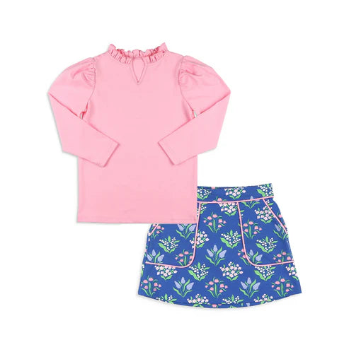 8.6 GLD1256 Baby Girls Pink Long Sleeves Shirts Top Floral Pockets Skirts Set Preorder