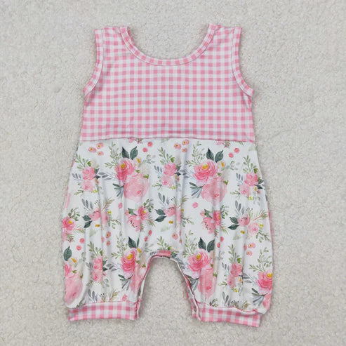 3.29 SR2678 Baby Infant Girls Pink Checkered Flowers Sleeveless Romper