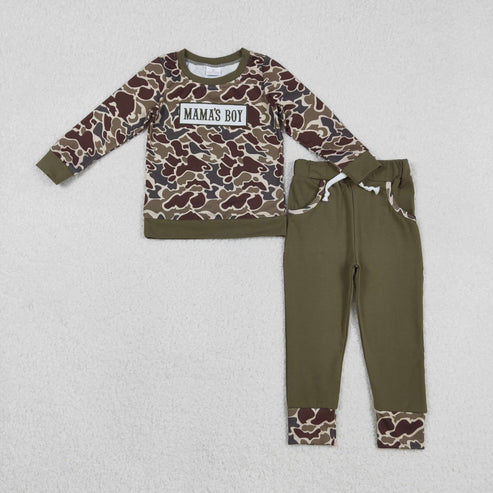 11.26 BLP1330 Embroidery Mama's Boy Baby Boys Dark Khaki Camo Top Pockets Jogger Pants Clothes Set