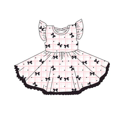 3.27 GSD2251 Baby Girls Flutter Sleeves Heart Bow Pattern Knee Length Dress Preorder