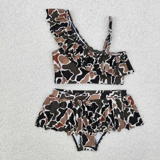 S0481 Baby Girls 2pcs Duck Browm Camo Ruffle Summer Swimsuit
