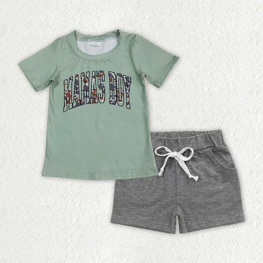 6.11  BT1184+SS0133 Baby Boys Green Camo Mama's Boy Top Gray Pockets Shorts Clothes Set