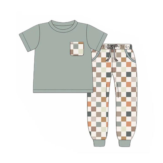 6.12  BSPO0576 Baby Boys Gray Short Sleeves Pocket Top Pockets Khaki Plaid Pant Set Preorder