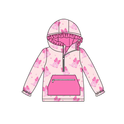 10.10  Custom Moq 5 Baby Girls Pink Bows Boots Pockets Zipper Valentine Ruffle Hoodies Top