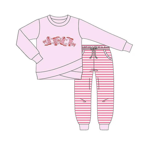 9.19 GLP2851 Baby Girls Hearts Boots Top Pockets Stripes Pants Valentine Clothes Sets Preorder