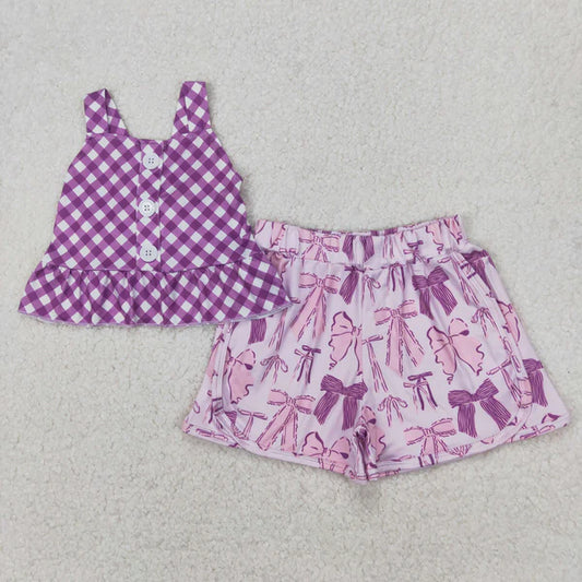 4.7 GSSO2035 Baby Girls Purple Checkered Straps Top Bows Shorts Clothes Set