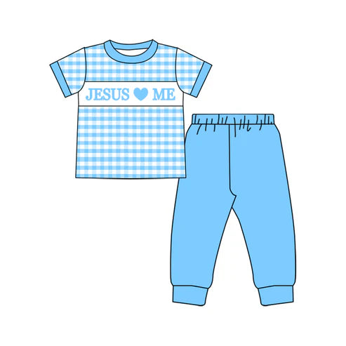 10.1 BSPO0600 Baby Boys Blue Checked Jesus Love Me Top Pants Clothes Sets Preorder