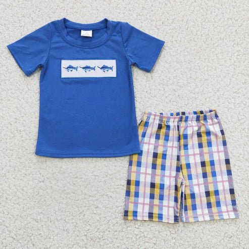 5.17 RTS NO MOQ BSSO0125 Boys Embroidered Shark Blue Short Sleeve Plaid Shorts Set
