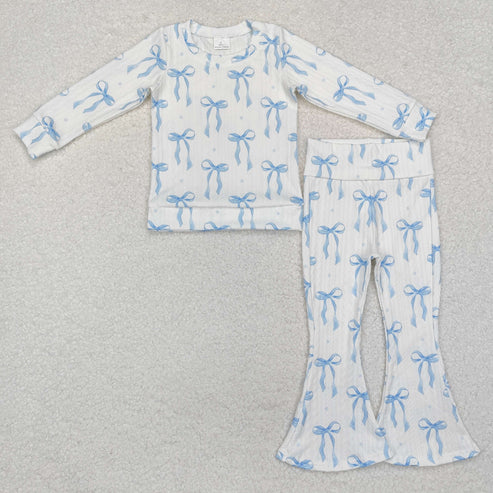 3.18 GLP2143 Baby Girls Blue Bows Cable Print Shirt Bell Pants Clothes Set