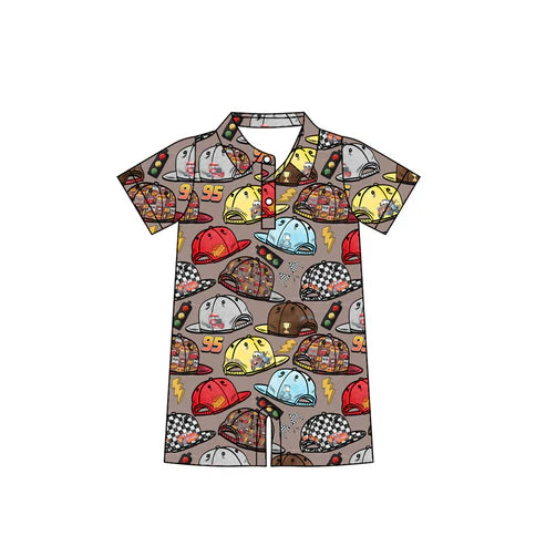 4.21  SR3067 Baby Boys Brown Short Sleeves Cartoon Hats Button Rompers Preorder