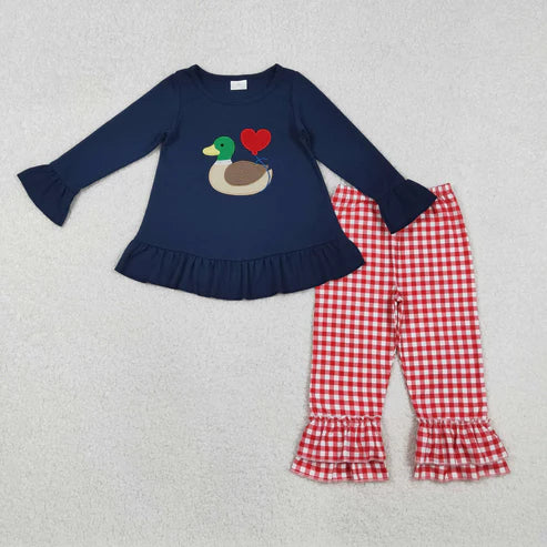 10.30 GLP2912 Embroidery Baby Girls Hearts Ducks Tunic Ruffle Checked Pants Valentine Clothes Set