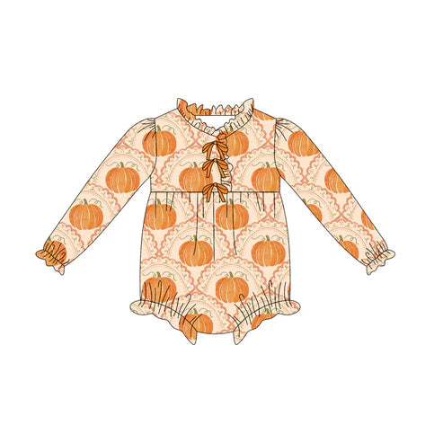 7.26  LR2469 Baby Girls Long Sleeves Pumpkins Plaid Ruffle Rompers Preorder