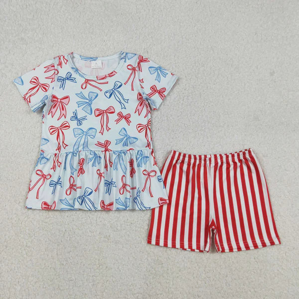 12.13 GSSO2838 Baby Girls Red Blue Bows Tunic Stripe Shorts July 4th Clothes Set