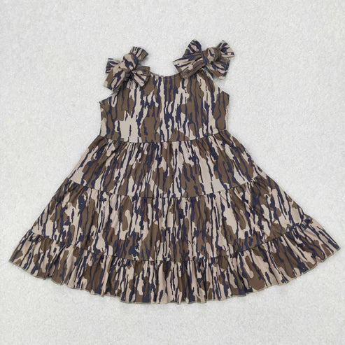 4.1 GSD2203 Baby Girls Olive Bows Strap Bottomland Camo Patchwork Knee Length Dress