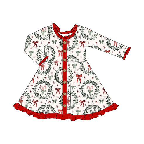 6.13 GLD1082 Baby Girls Long Ruffle Sleeves Green Red Bows Button Knee Length Dresses Preorder