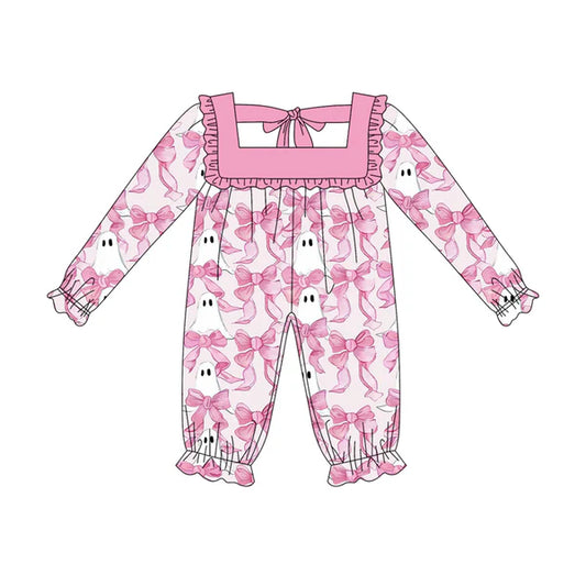 5.19 Baby Girls Long Sleeves Pink Bows Ghosts Tunic Ruffle Pant Set Preorder