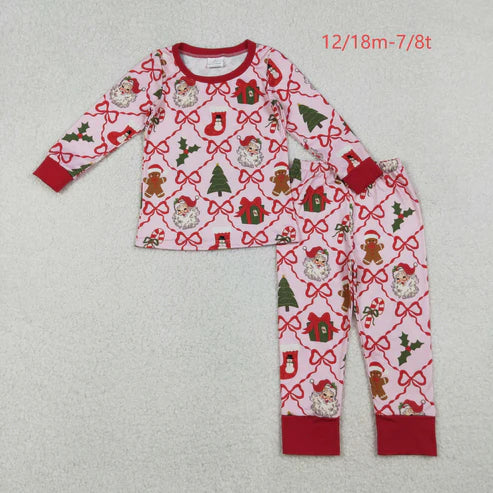 10.14 GLP2807 Baby Girls Red Bows Santa Gifts Plaid Top Pant Christmas Pajamas Set