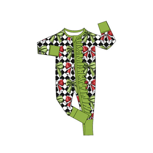 9.2 LR2622 Baby Girls Black Checked Green Red Bows Christmas Zipper Footie Rompers Preorder