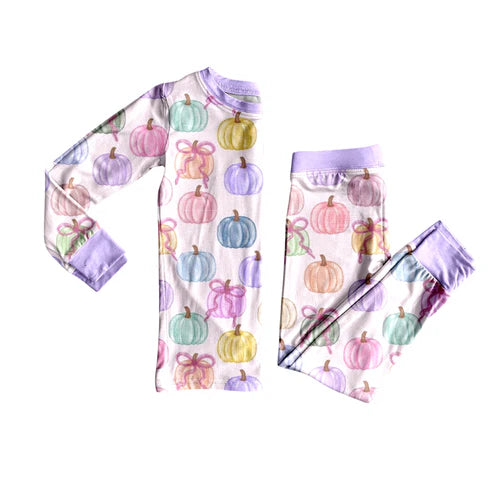 7.29 GLP2597 Baby Girls Long Sleeves Colorful Bows Pumpkins Top Pant Pajamas Set Preorder
