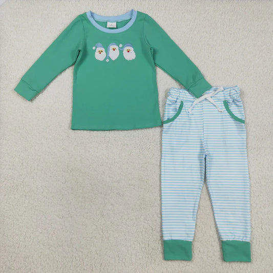 8.26 BLP1168 Embroidery Santa Baby Boys Green Top Stripe Pockets Legging Christmas Set