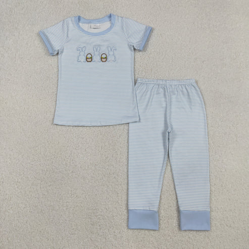 12.3 BSPO0610 Embroidery Rabbits Eggs Baby Boys Blue Stripe Top Pants Easter Pajamas Set