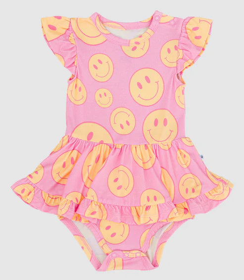 6.19 SR3084 Baby Girls Pink Flutter Sleeves Smiles One Piece Ruffle Swimsuits Preorder