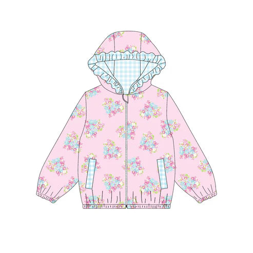 10.10 Custom Moq 5 Baby Girls Hearts Flowers Pockets Zipper Valentine Ruffle Hoodies Top
