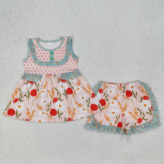 3.14 GSSO2067 Baby Girls Summer Polka Dots Flowers Tunic Ruffle Shorts Set