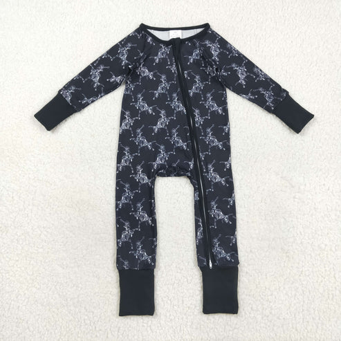 9.17 LR2466 Baby Boys Long Sleeves Black Horse Rodeos Zipper Pant Romper