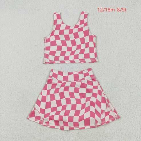 5.15 GSD2329 Baby Girls Sleeveless Pink Plaid Top Skort Yoga Set