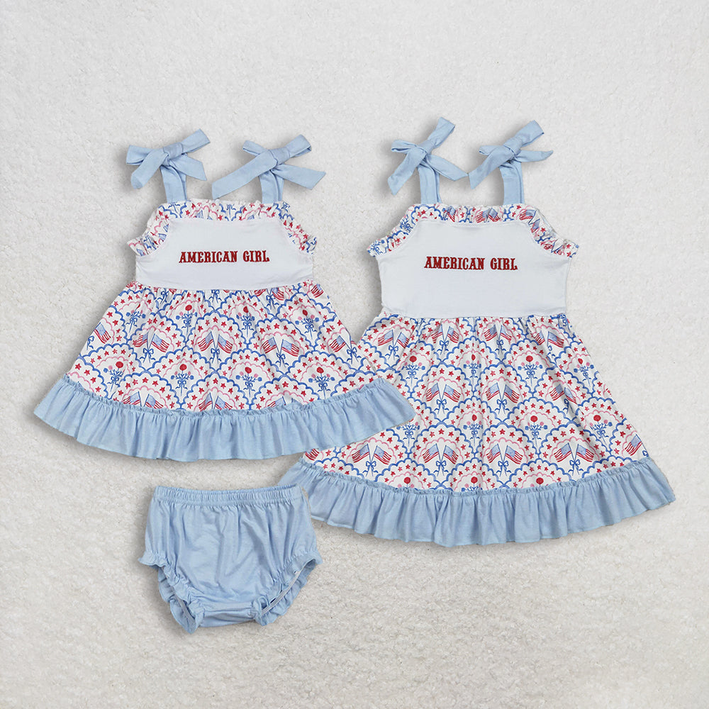 Sibling Baby girls clothes embroidery 4th of july shorts Sleeve dress and romper