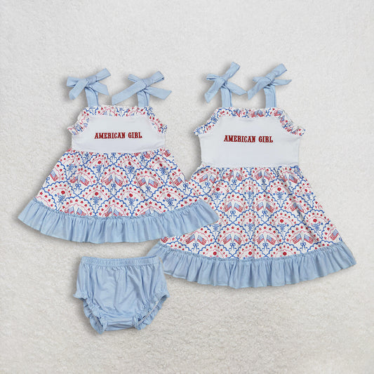 Sibling Baby girls clothes embroidery 4th of july shorts Sleeve dress and romper