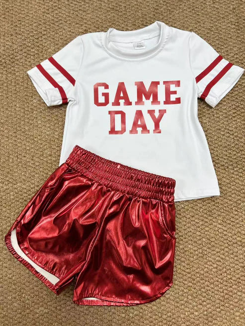 8.25 GT1102+SS0415 Baby Girls Vinyl Red Game Day Top Leather Shorts Team Active Set