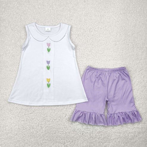 5.3 GSSO2276 Embroidered Baby Girls White Tulips Tunic Tops Shorts Clothes Set