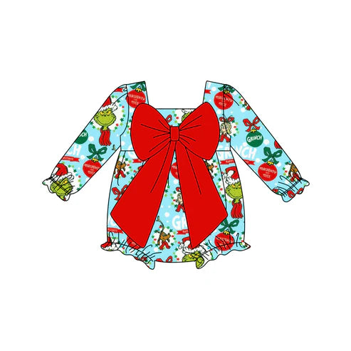 8.18 LR2575 Baby Girls Christmas Green Face Holly Ruffle Rompers Preorder