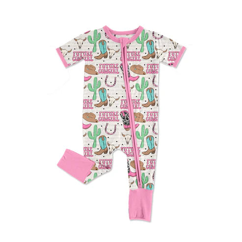 SR2342 Baby Infant Girls Pink Western Boots Zip Short Sleeve Rompers preorder