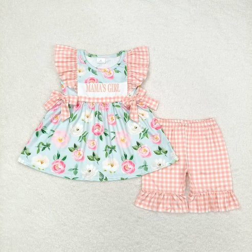 6.17 GSSO0803 mama's girl Letter Flower Orange plaid Lace bow flying sleeve shorts set