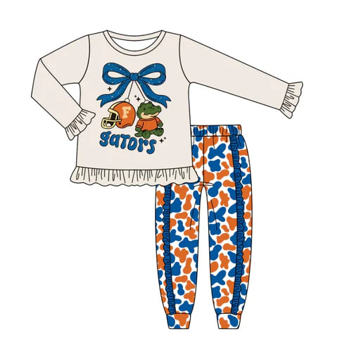 8.8 Custom Moq 5 Baby Girls Gators Bows Leopard Team Top Pants Clothes Sets