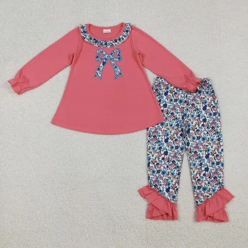 10.17 GLP2777 Embroidery Floral Bow Baby Girls Tunic Ruffle Leggings Clothes Set