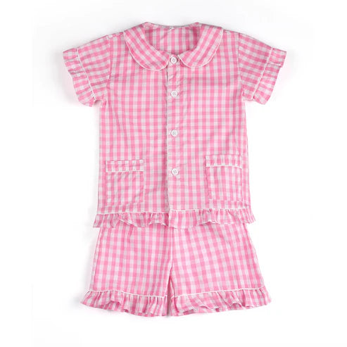 3.28 GSSO2444 Baby Girls Pink Plaid Short Sleeves Button Pocket Top Ruffle Short Pajamas Set Preorder