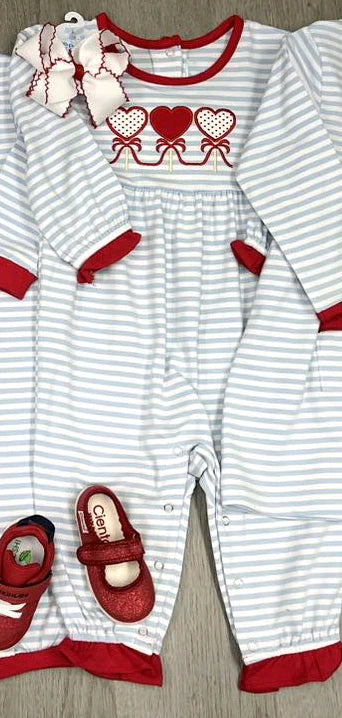 5.26 LR1925 Baby Infant Girls Valentines Grey Stripes Hearts Rompers preorder