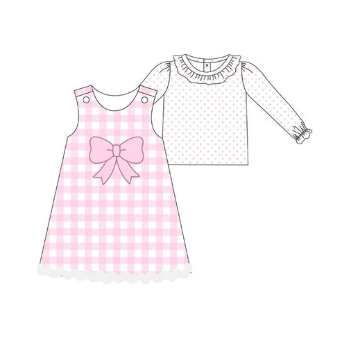 10.2 GLD1357 Baby Girls Pink Polka Dots Top Checked Knee Length Dress 2 Piece Clothes Sets Preorder