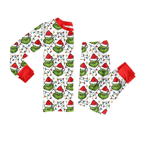 8.18 BLP1225 Baby Boys Christmas Lights Green Faces Plaid Top Pant Pajamas Set Preorder